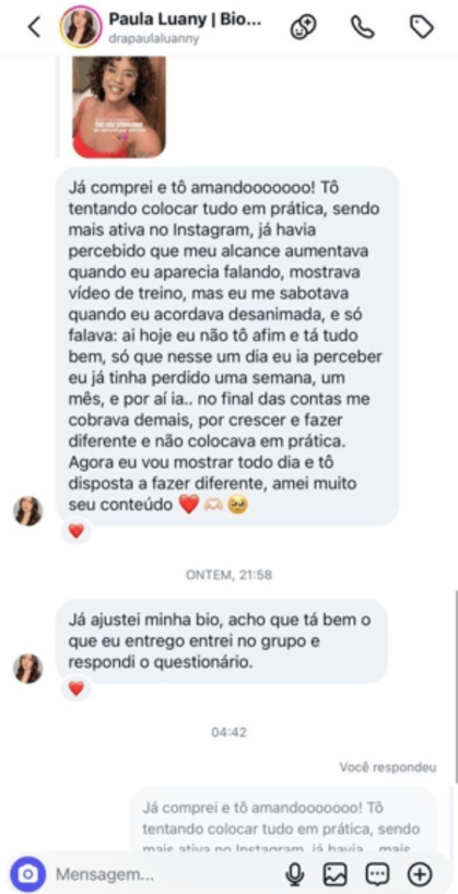 Mensagem de Paula sobre aplicar o conteúdo, ajustar a bio e aparecer mais